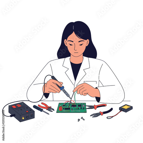 Technician assembling a circuit board with tools in minimal flat vector art