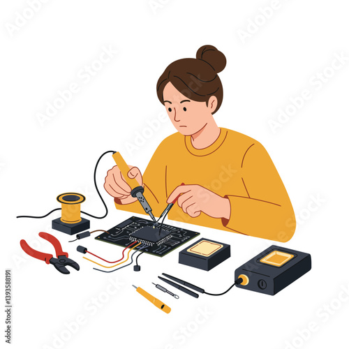 Woman soldering circuit board with tools in flat minimal vector art