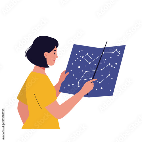 Woman observing constellations with a stargazing chart in flat vector art