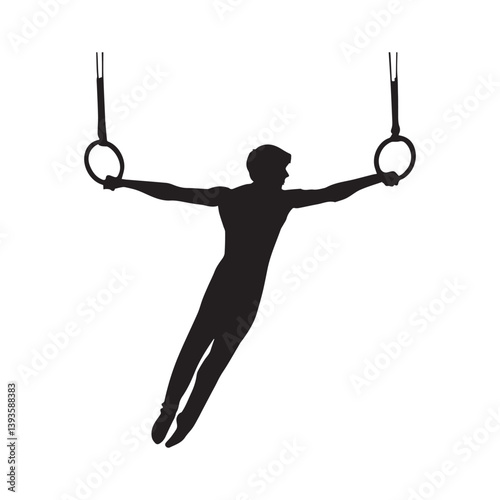 A gymnast's powerful, graceful flight on the rings, a stark silhouette against a bright white background.