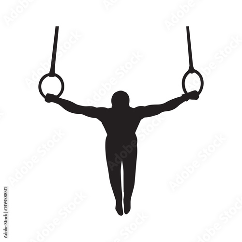 A powerful gymnast displays incredible strength and balance on the rings, a stark silhouette against a clean white background.
