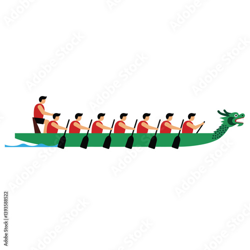 Dragon boat team paddling in unison with flat vector art style illustration