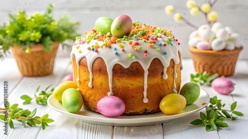 Easter Cake with Decorated Eggs and Marshmallows