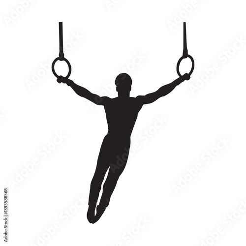A powerful gymnast gracefully suspended between rings, showcasing strength and balance in a stark black silhouette against a white background.