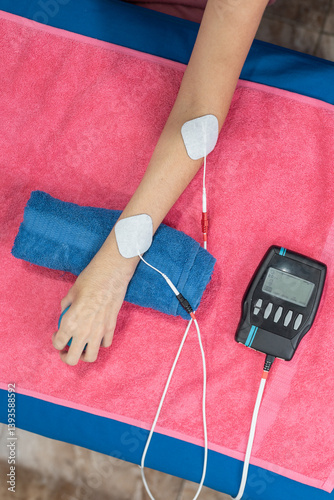 Close-up of an arm resting on a towel with electrodes placed for an electrotherapy session using a portable device.

