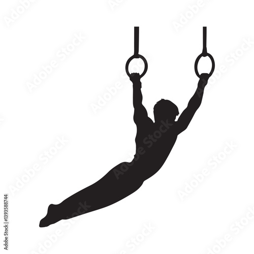 A powerful gymnast gracefully suspended from rings, showcasing strength and elegance in a stark black silhouette against a white background.