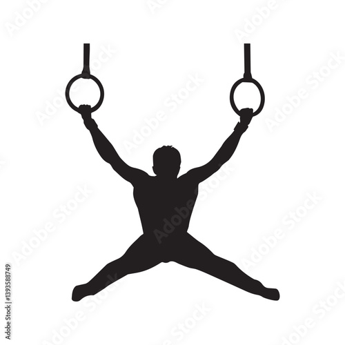 A powerful gymnast's triumphant moment on the rings, showcasing strength and grace in a bold silhouette.