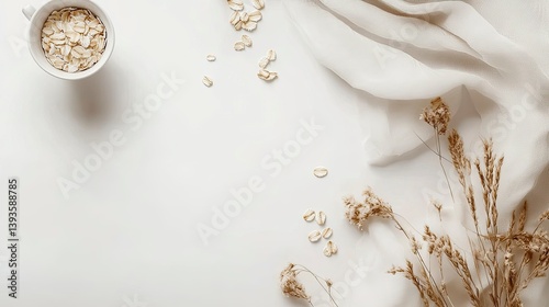 Oatmeal on a wide white background with a cozy setting  