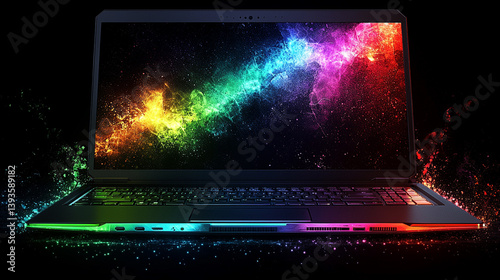 RGB laptop displaying colorful nebula, dark background photo