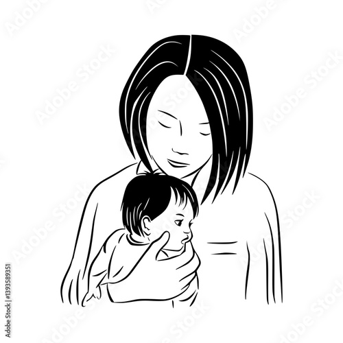 Mother and Child Illustration - Black & White