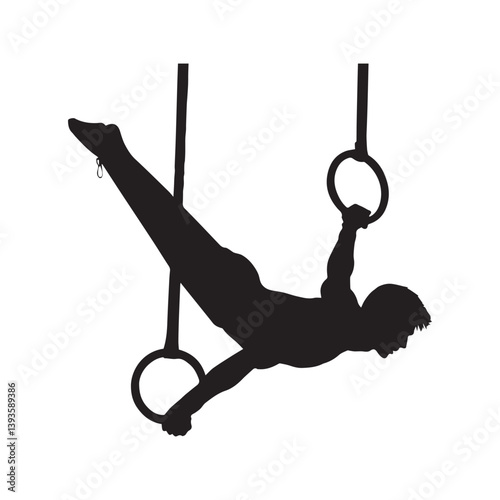 A powerful gymnast gracefully suspended between rings, showcasing strength and balance in a dynamic silhouette against a stark white background.