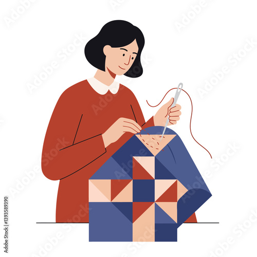 Woman sewing colorful quilt patterns in flat vector art style with minimalist design elements vector illustration