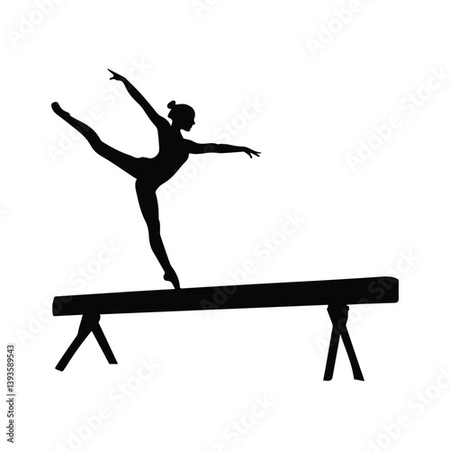 A gymnast's graceful balance beam pose, a moment of poise and strength, captured in bold black silhouette against a stark white background.