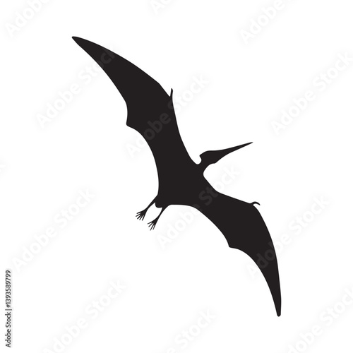 Majestic pterosaur soaring through prehistoric skies, a stark black silhouette against a bright white background.