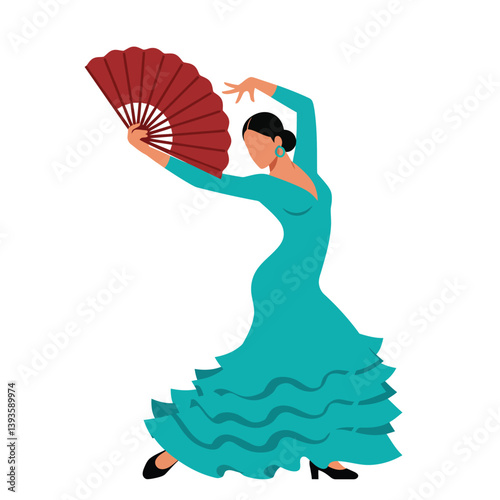 Elegant flamenco dancer in vibrant turquoise dress performing with fan in flat vector art