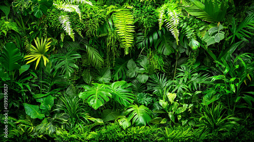 Lush green tropical plants wall, indoor garden, nature background, botanical design