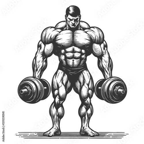 muscular bodybuilder posing confidently while holding a dumbbell, showcasing strength, fitness, and detailed anatomy sketch engraving generative ai vector illustration. Scratch board. Black and white.