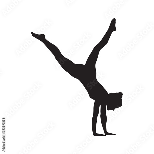 A powerful silhouette of a gymnast performing a graceful handstand, showcasing strength and flexibility against a stark white background.