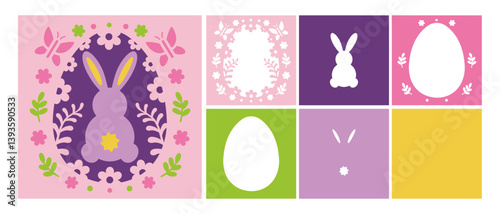 Vector layered paper cut Easter design with bunny. 3D shadow box or tunnel card with Easter egg. Template for paper cutting