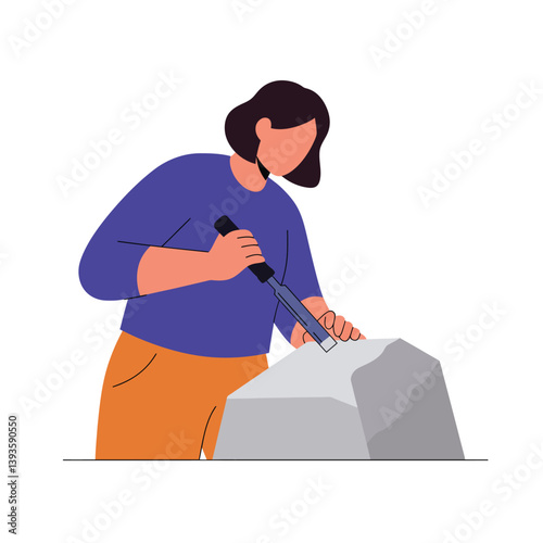 Artist chiseling stone in flat minimal vector art illustration