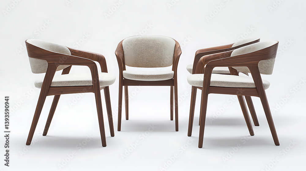 Four wooden chairs are arranged in a row, with a white cushion on each Four wooden chairs are arranged in a row, with a white cushion on each