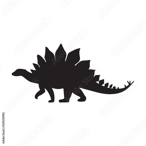 A majestic stegosaurus silhouette, a prehistoric giant striding across a stark white background in bold black.