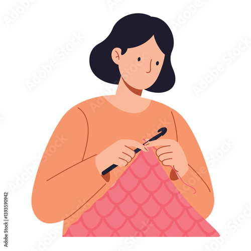 Woman crocheting a pink blanket in a minimal flat design vector illustration