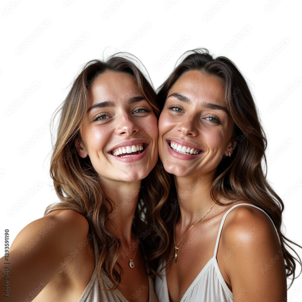 Two women with long brown hair smile at the camera for a selfie