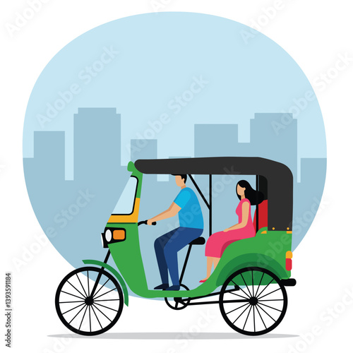 Green rickshaw with passengers in flat design style vector art