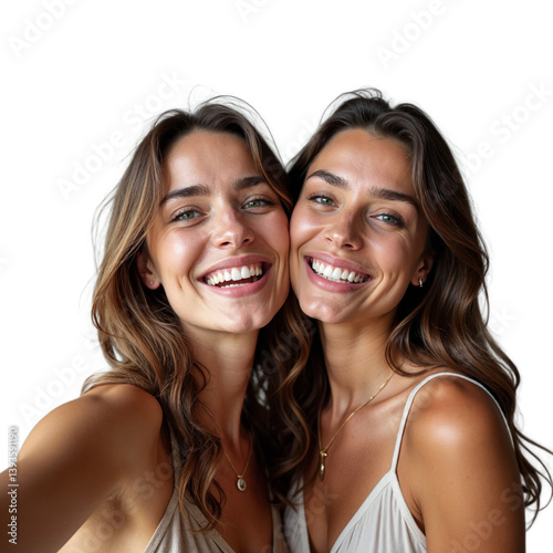 Obraz na płótnie Two women with long brown hair smile at the camera for a selfie w salonie