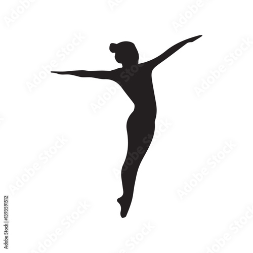 A graceful gymnast poised mid-leap, a moment of elegant athleticism captured in stark black silhouette against a pure white background.