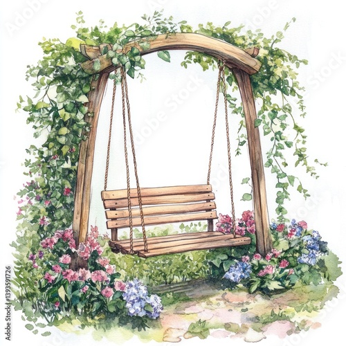 Watercolor depiction of a swing nestled within a flower garden setting