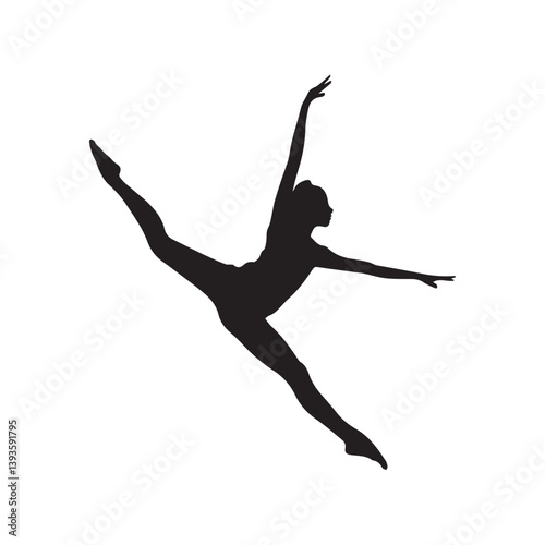 A dancer's graceful leap, a moment of poised athleticism and effortless elegance captured in stark black silhouette against a bright white background.