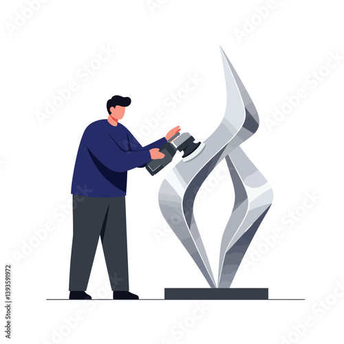 Sculptor refining abstract metal sculpture in minimal flat vector art