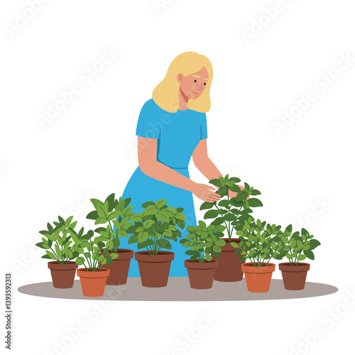 Woman tending to various potted plants in a colorful flat vector illustration