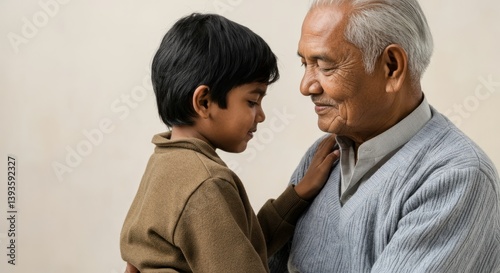 Elderly asian man and young asian boy sharing a tender moment