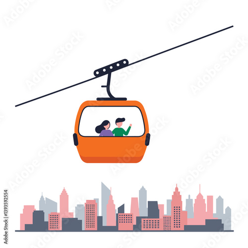 Cable car traveling over city skyline in flat vector art