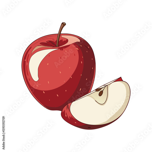 A juicy red apple, ripe and ready, sliced to reveal its crisp, sweet interior with a vibrant, hand-drawn style.
