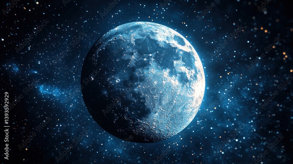 Fototapeta premium Celestial Serenity: A mesmerizing view of the moon amidst a cosmic canvas of stars and nebulae, evoking a sense of wonder and tranquility.
