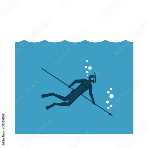 Spearfishing diver surrounded by bubbles in flat style vector art