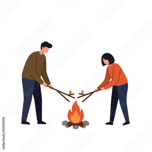 Two people tending to a campfire in a cozy flat vector illustration