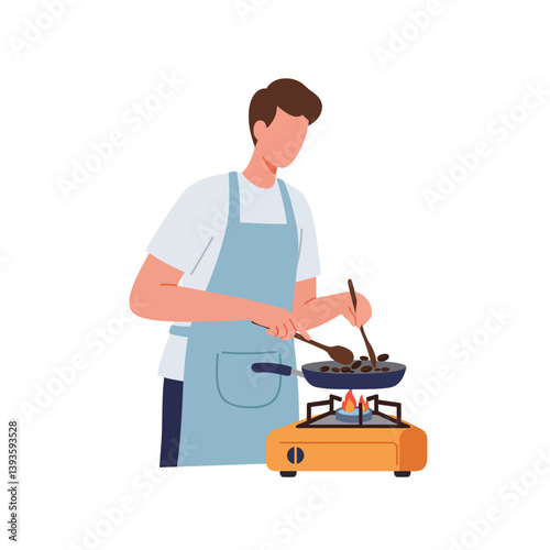 Chef cooking on stove while stirring food in flat, minimal vector illustration