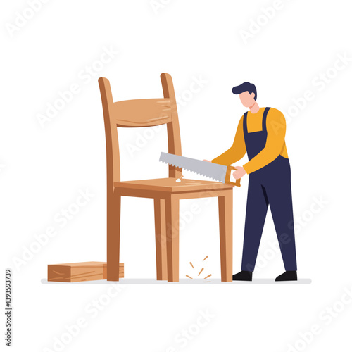 Carpenter working on wooden chair in flat design vector art