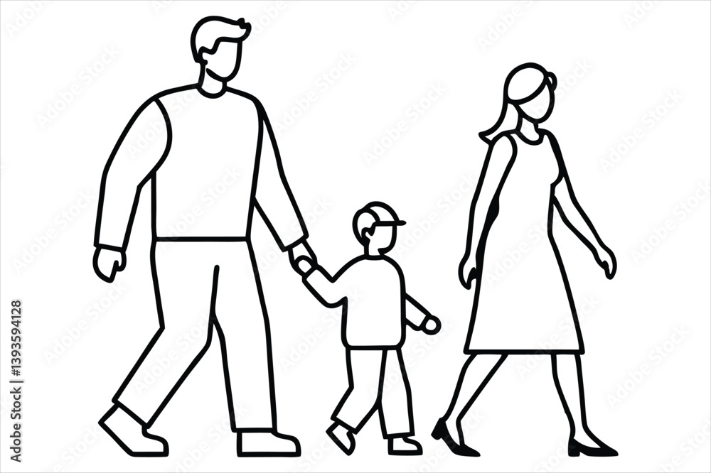 Minimalist family line art of father, mother, and child walking Minimalist family line art of father, mother, and child walking
