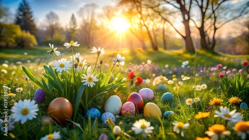Easter Eggs in Spring Meadow Sunrise