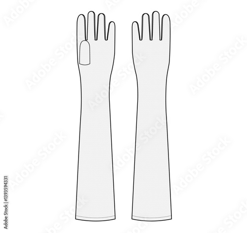 Tulle Opera Gloves Elbow Upper Arm length Fashion hand accessory clothing technical illustration garment. Vector for Men women, unisex style flat template CAD mockup sketch outline on white background