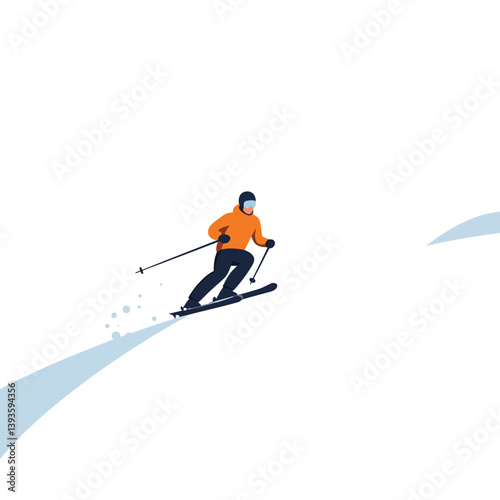 Skier in motion on snowy slope with minimal design style vector illustration