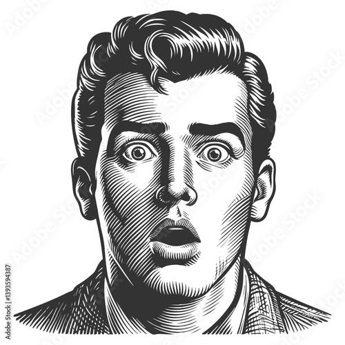 surprised man with wide eyes and hands on his face, expressing shock or amazement sketch engraving generative ai fictional character vector illustration. Scratch board imitation. Black and white image