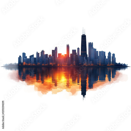 Urban cityscape with a mirrored reflection of buildings on a transparent background