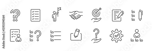Minimalistic linear business icons set: checklist, question, handshake, target, gear
